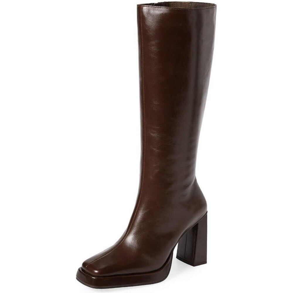 Women's Brown Leather Knee High Boots Side Zipper Platform Chunky Block
